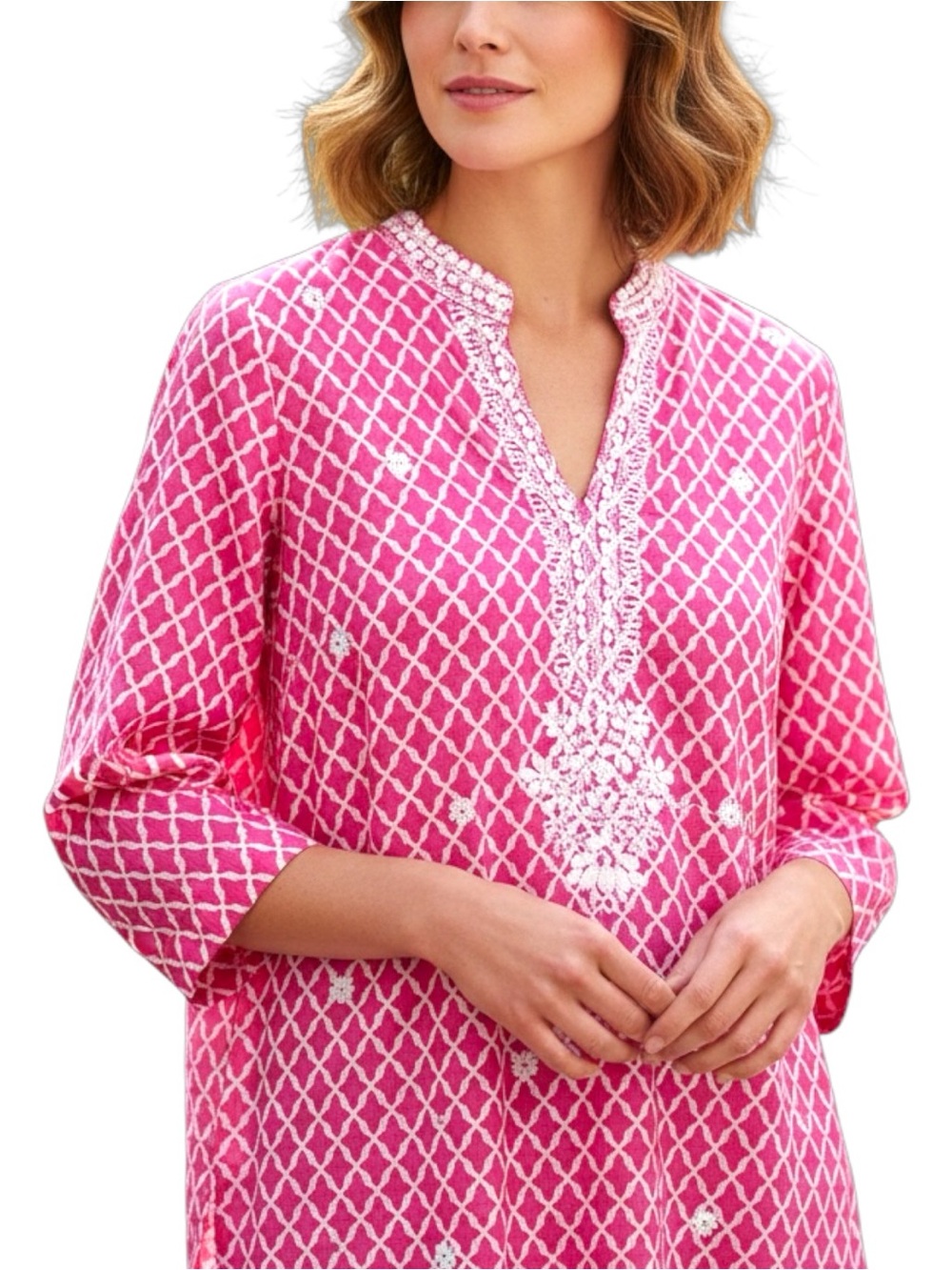 Charter Club Sz MEDIUM Linen Pink White Beaded Embroidered Print Tunic Top